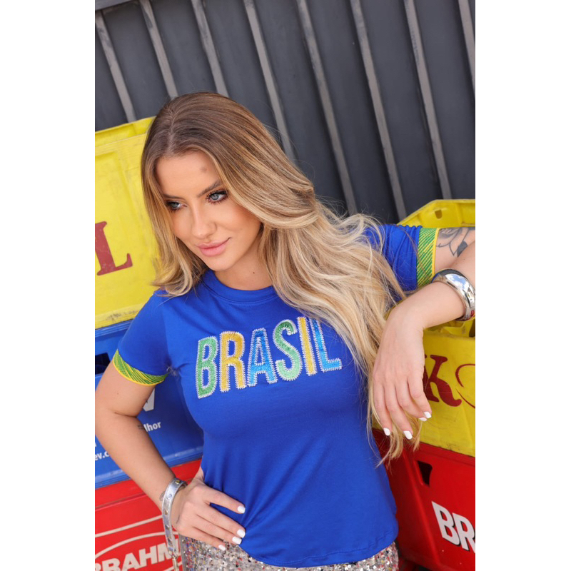 Blusa do Brasil Feminina Bordada com aplique brilhoso e punho na manga oficial. Copa do Mundo 2026 ,rumo ao Hexa