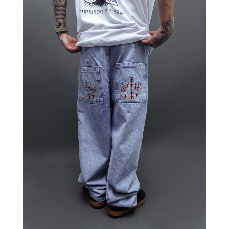 Calça Jeans Baggy Streetwear Larga Balão Trip Side Original Cruz Bordada - Jeans Estonado
