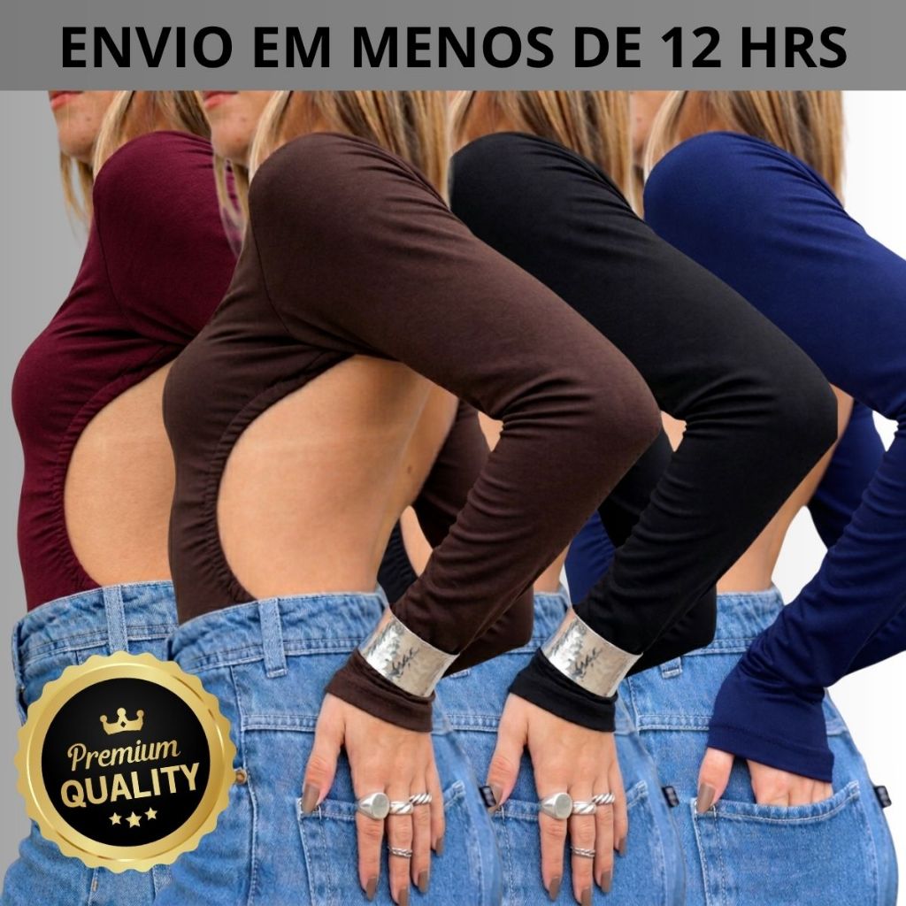 Body Feminino COSTA NUA MANGA COMPRIDA Costa a Amostra Gola Alta Inverno Cavado Sexy Coutry Elegante