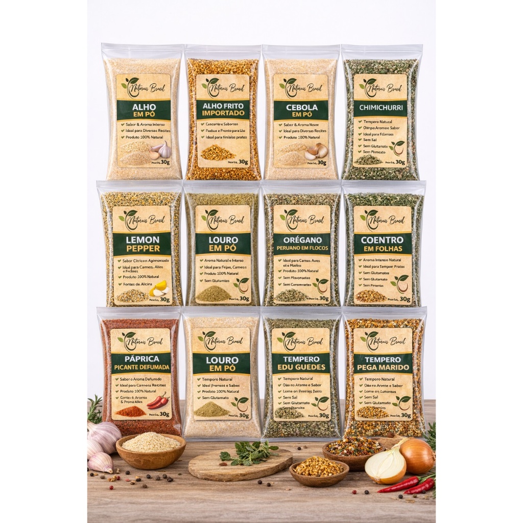 Combo 1 - Kit 12 Temperos Naturais 30 g Cada | Alho, Cebola, Chimichurri, Lemon Pepper, Orégano e Mais | Sem Sal