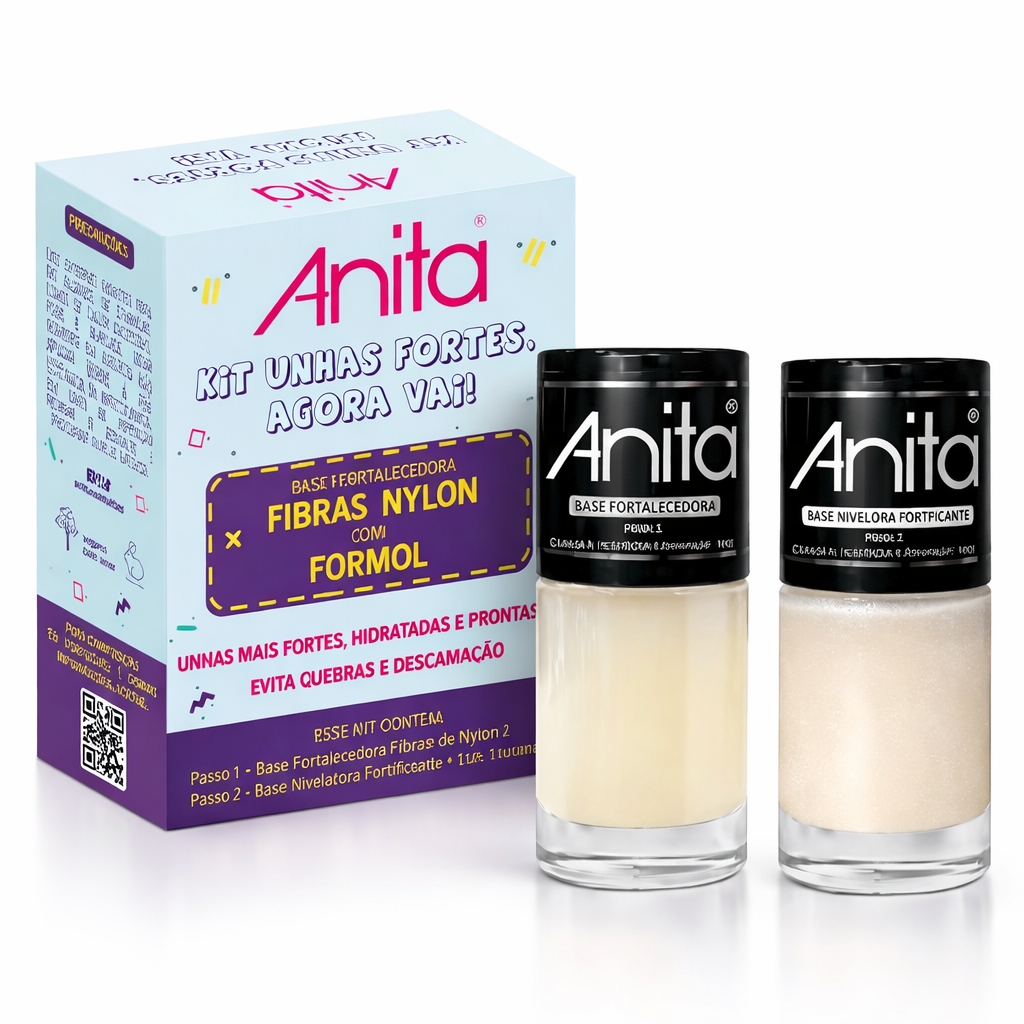 Kit 2 Bases Fortalecedoras Anita Agora Vai Fibra Nylon 10ml Base Tratamento Unhas Forte
