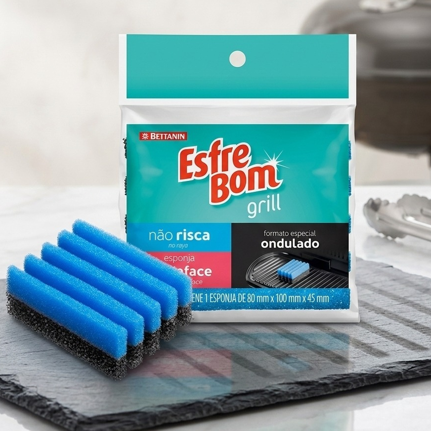 ESFREBOM GRILL - ESPONJA DUPLA FACE ONDULADA LIMPA GRILL - NAO RISCA - IDEAL PARA GRELHAS