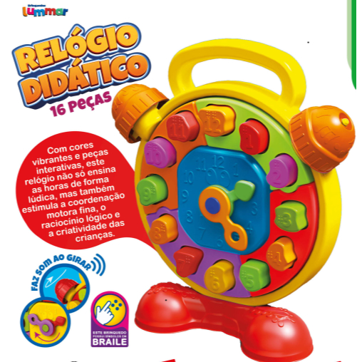 Relógio Didático 16 Peças Brinquedo Educativo com Símbolos em Braile Encaixe Bloco