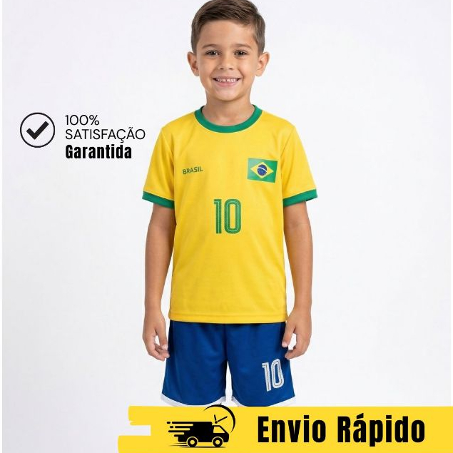 Conjunto Infantil Juvenil Unissex Camiseta e Shorts Brasil Amarelo Copa