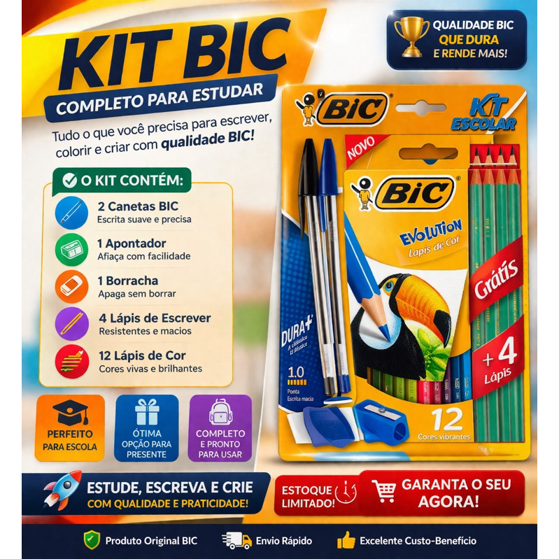kit Bic Lápis de cor BIC + 2 Canetas BIC Cristal  | 1 Apontador + 1 Borracha | 4 Lápis