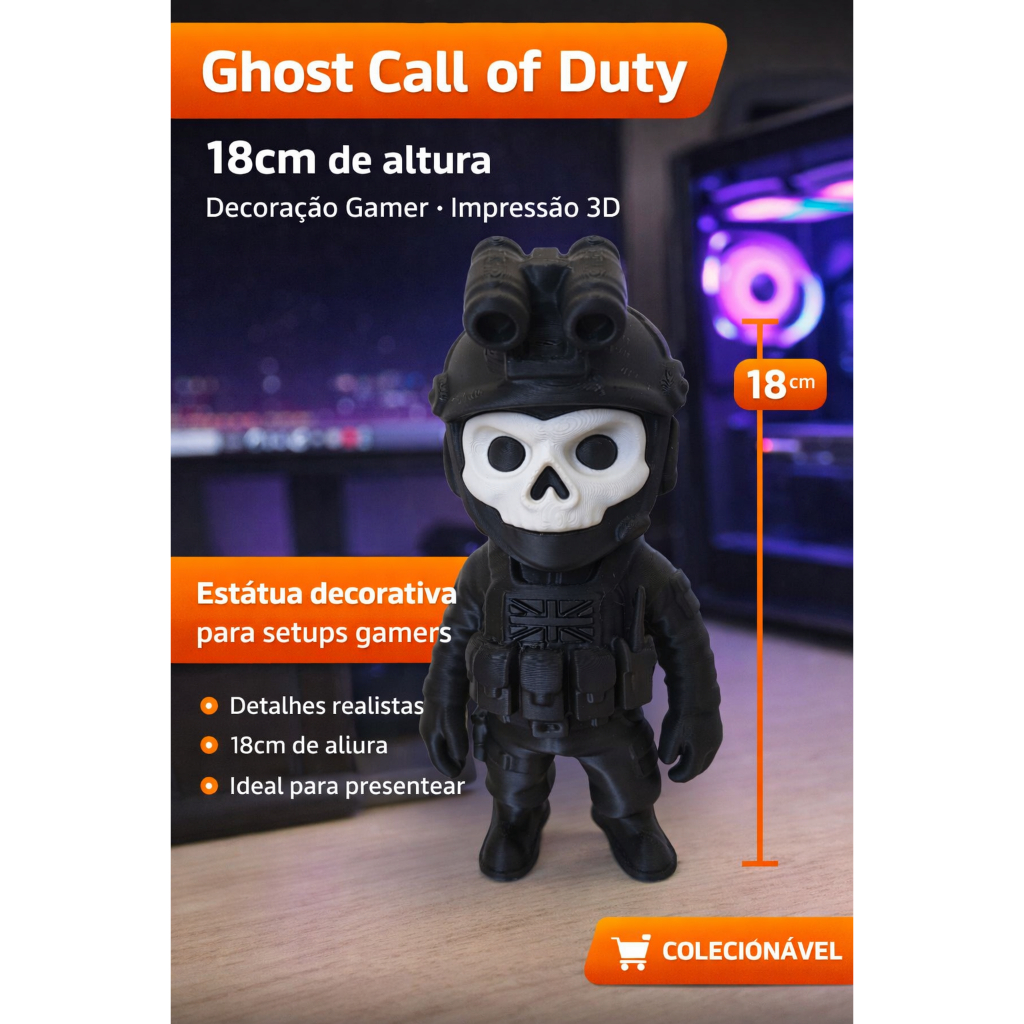 Boneco Ghost Call of Duty 18cm 3D | Boneco Decorativo Gamer Colecionável