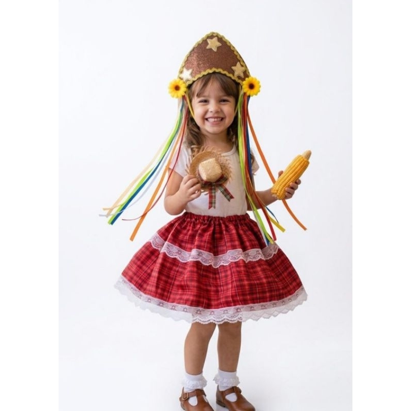 Kit Fantasia Festa Junina Infantil - Saia Xadrez com Renda + Tiara Cangaceira Maria Bonita com Fitas