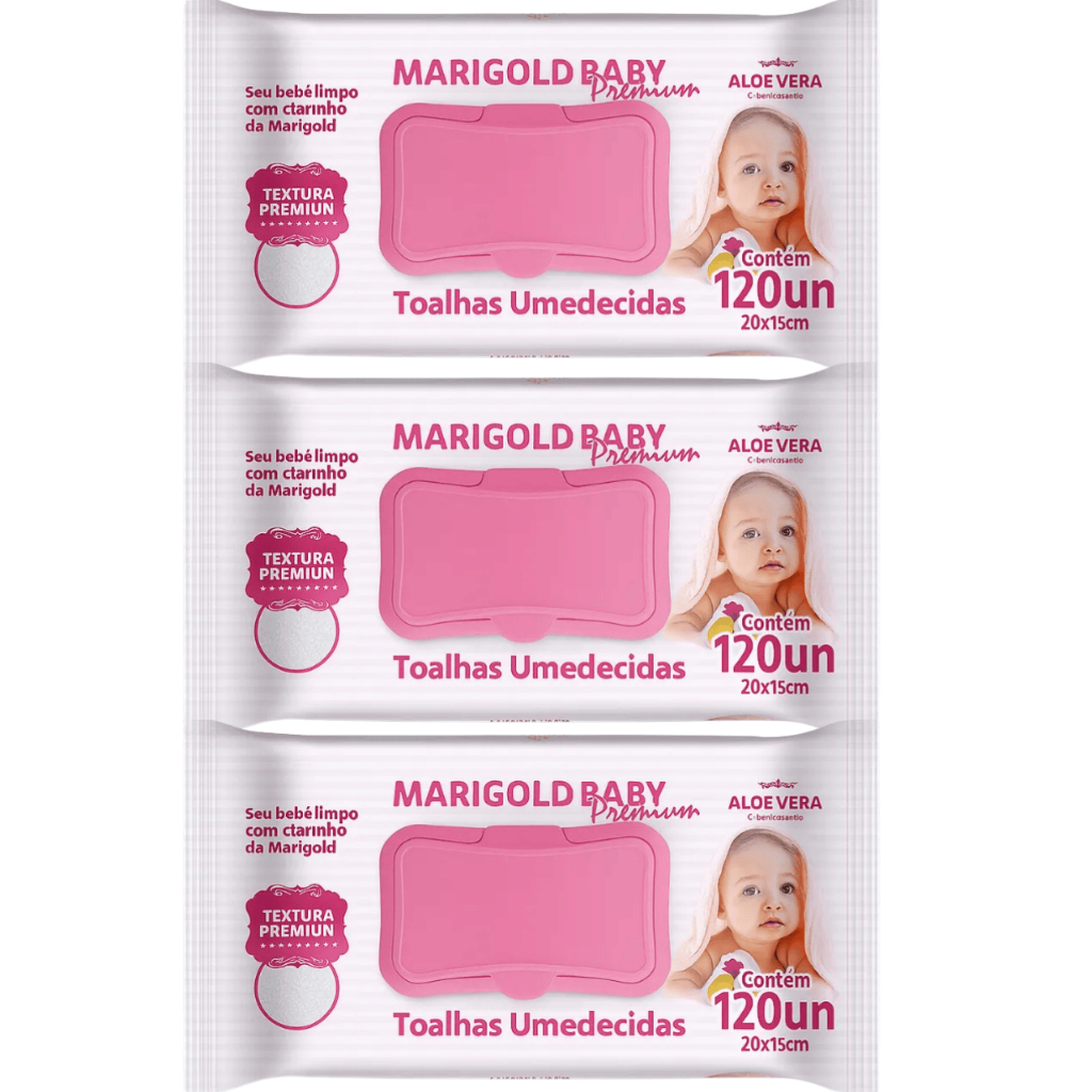 Kit 3 pacotes Lenço Umedecido Marigold Baby 120 Unidades Aloe Vera Rosa – Toalha Umedecida Infantil