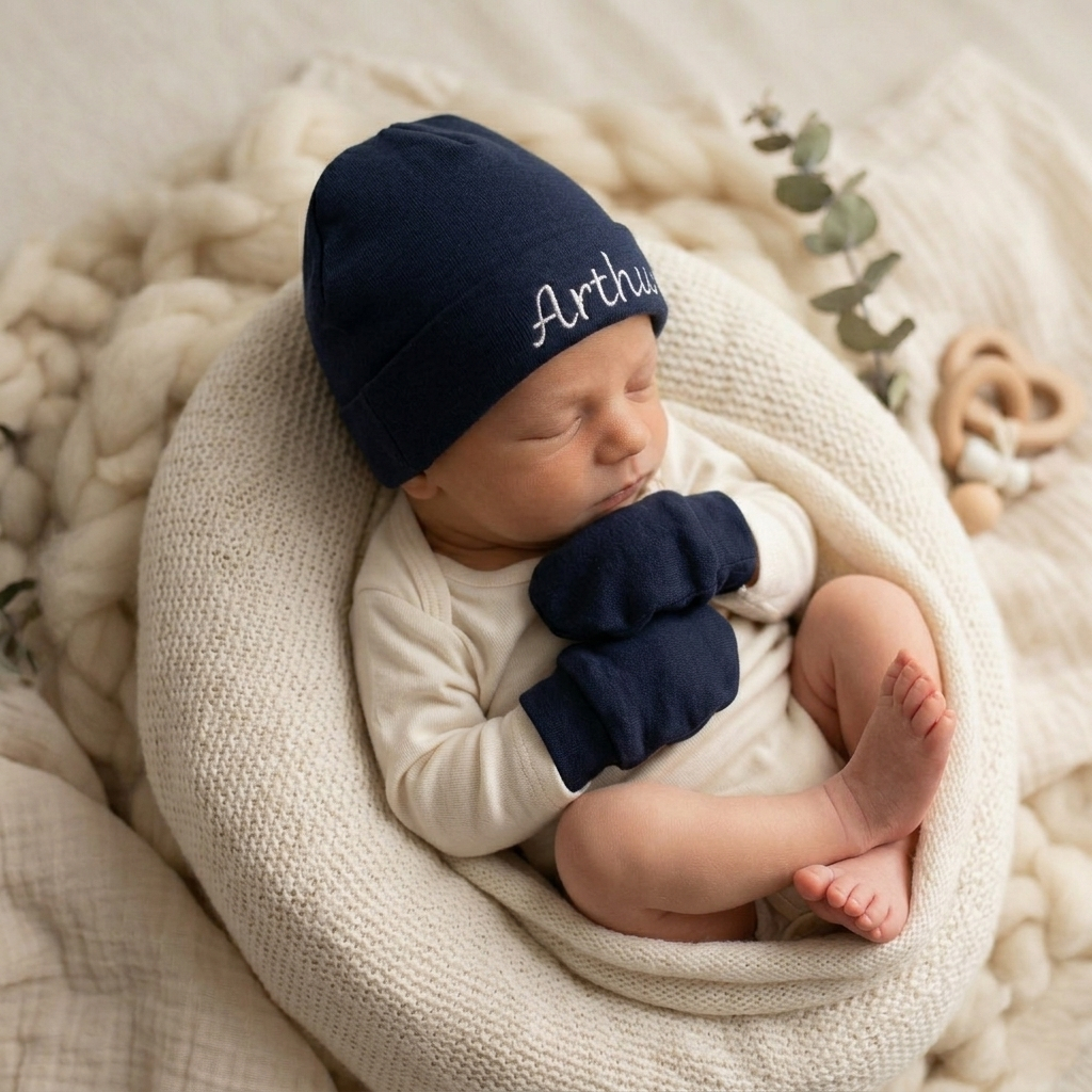 Kit Touca Luva Azul Marinho Nome Bordado Bebê Personalizado RN Premium