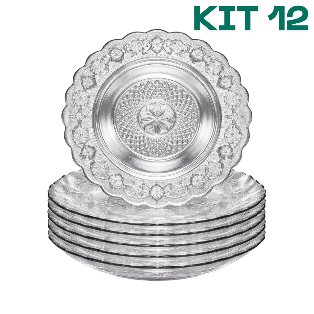 Kit Até 12 Pratos De Vidro Egípcio Fundo Transparente Estrela 22cm Moderno Resistente e Sofisticado