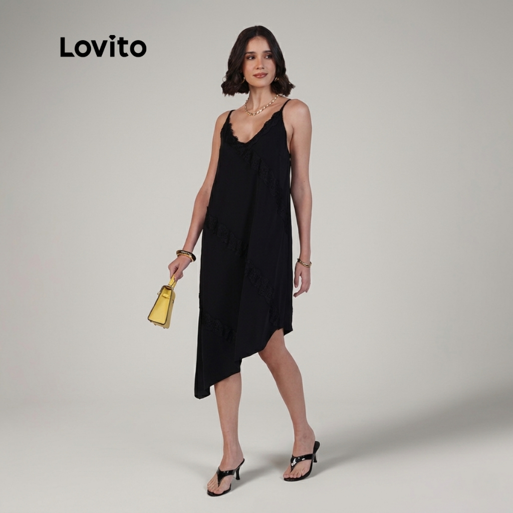 Lovito Vestido Barra Assimétrica e Detalhes em Renda DRB1328BRL1358