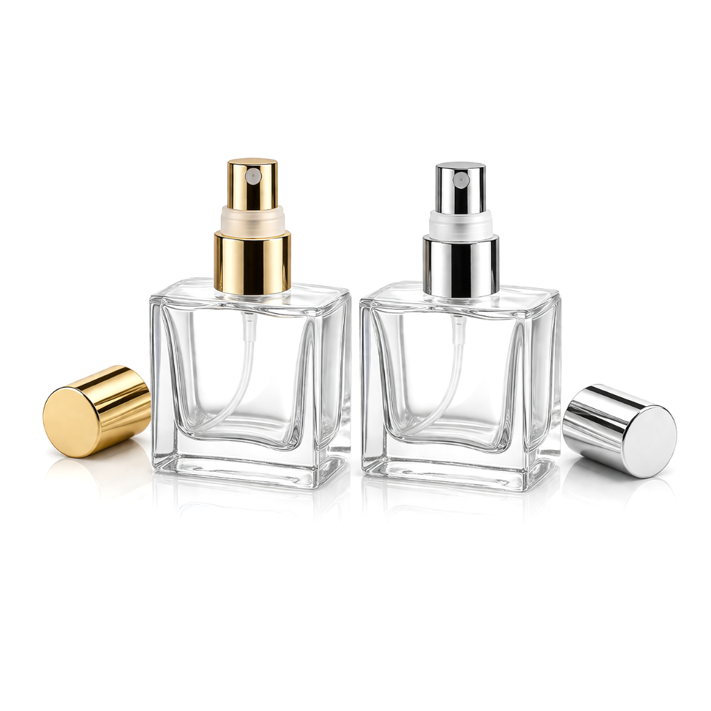 Kit 10 a 30 Frascos de Perfume 50ml Cubo - Luxo com Válvula Spray Dourada e Prata Vidro para Perfume