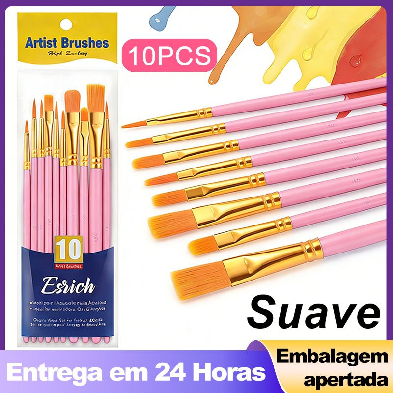 Conjunto De Pincéis Profissionais De 10 Peças-De Cabelo De Nylon Para Acrílico/Óleo/Aquarela em Oferta na Shopee