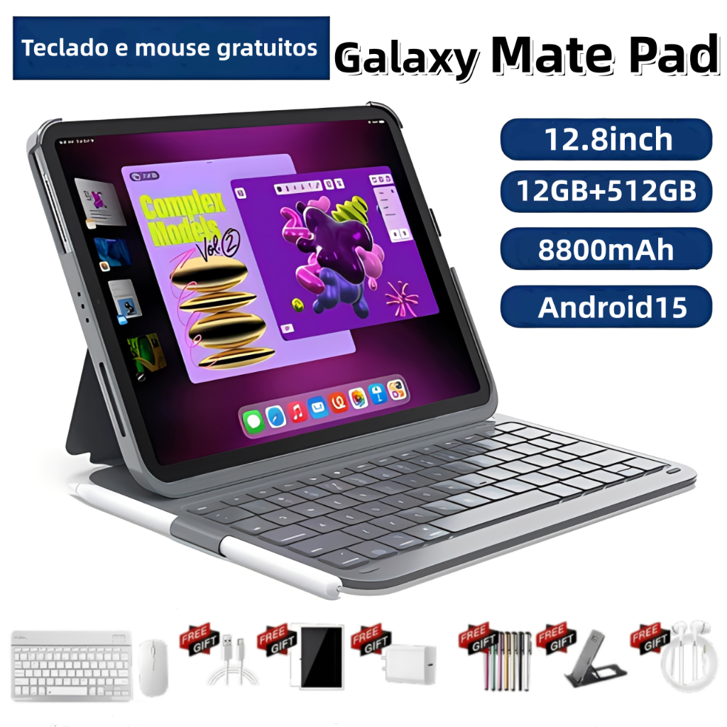 【Teclado e mouse gratuitos】Tablet Galaxy MatePad Pro 12,8 polegadas 12 GB + 512 GB 8800 mAh Tablet Android 5G com WiFi