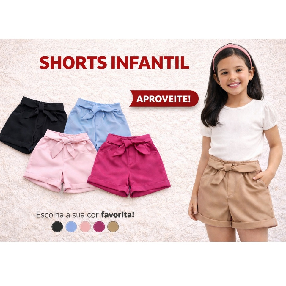 Shorts Infantil Menina alfaiataria  - BEGE-ROSA--PRETO-AZULBB e PINK Tamanhos 2-4-6-8 anos (Envio Imediato)