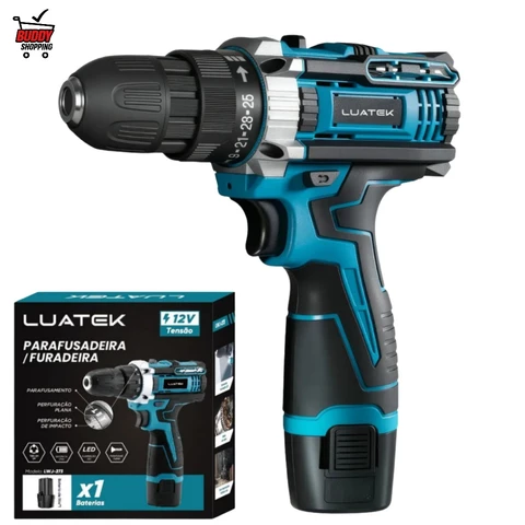 Parafusadeira e Furadeira Impacto 12V Bateria Lítio Recarregável Profissional Kit Com Maleta Luatek LWJ-273