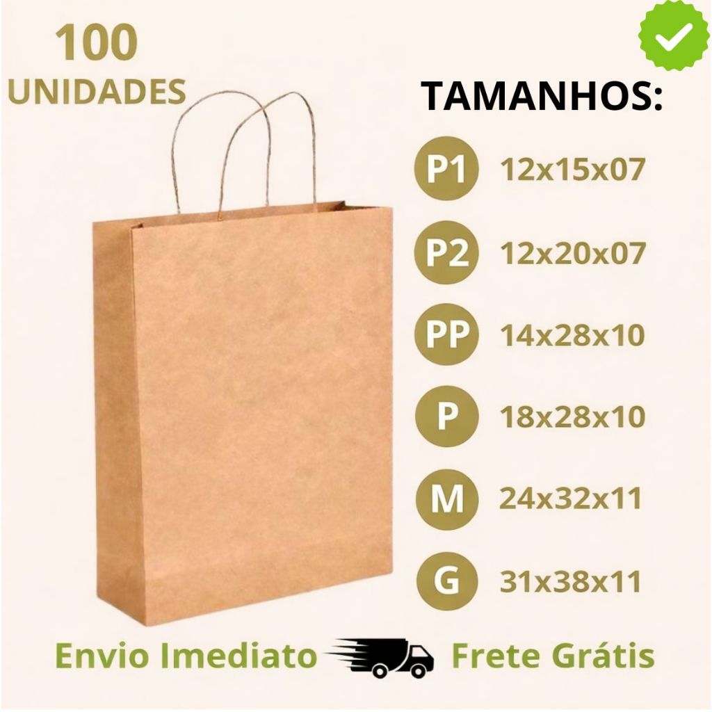 Sacola Papel Kraft 80g | Pacote c/ 100 Unidades | Escolha Seu Tamanho