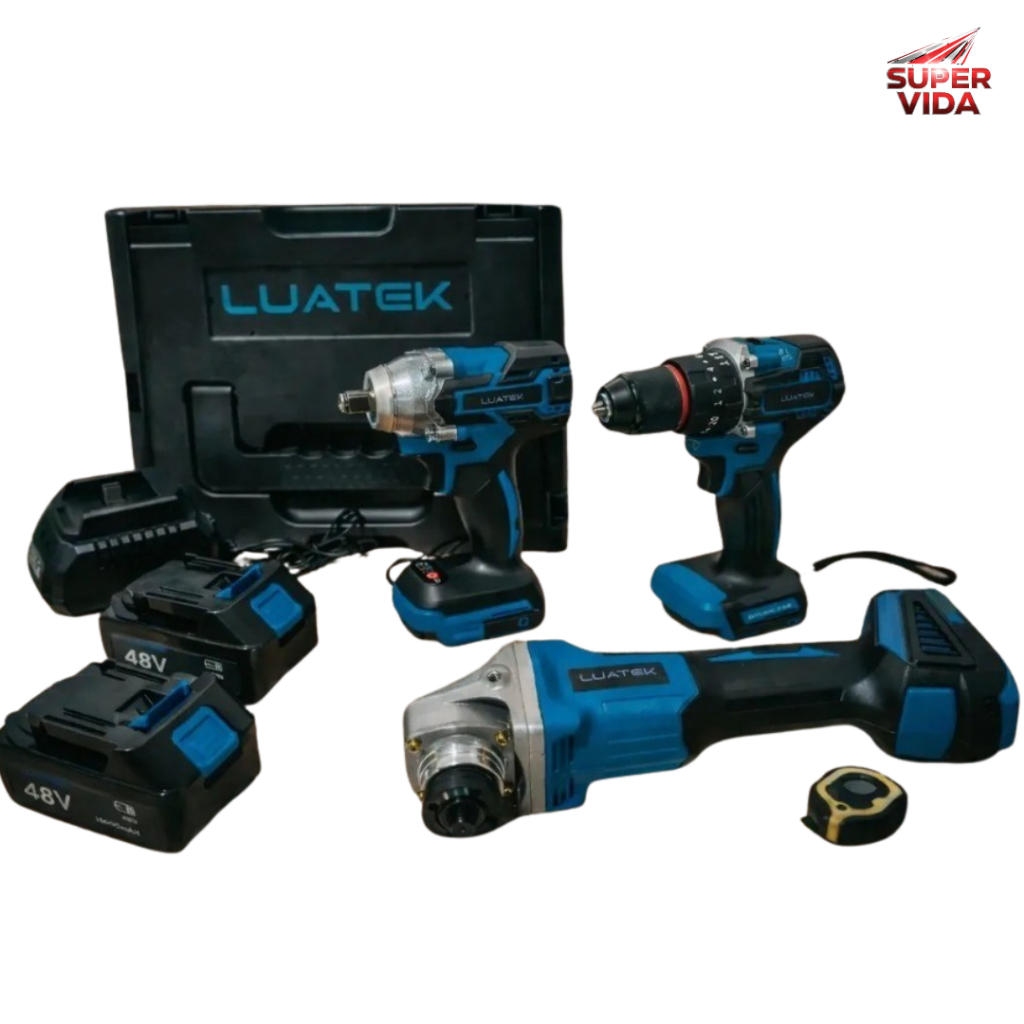 Kit Ferramentas Sem Fio Profissional 3 em 1 Parafusadeira Impacto Esmerilhadeira A Lítio 48V 2 Bat