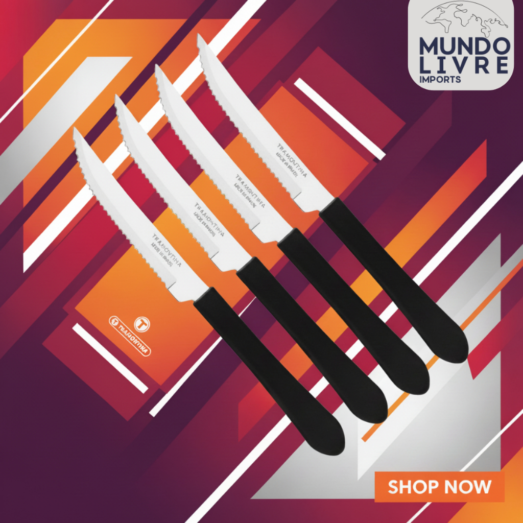 Kit Faca de Mesa Churrasco 4 6 12 peças Tramontina Leme Inox Cabo Preto