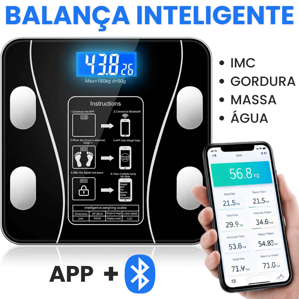 Balança Digital Corporal Bioimpedância Bluetooth IMC Gordura Água Massa Muscular 180kg Inteligente
