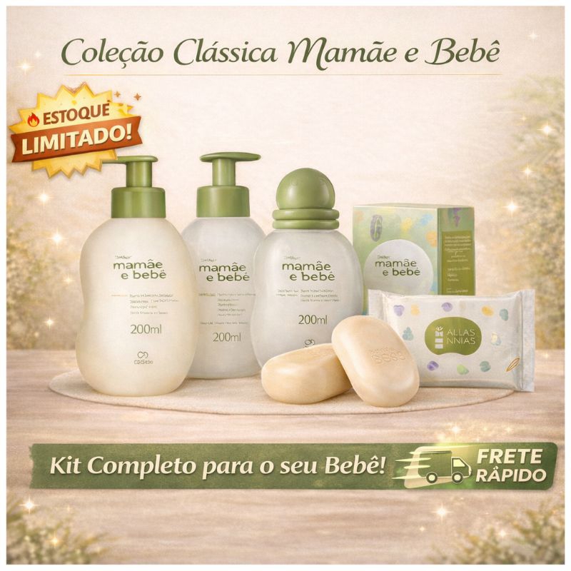Kit Mamãe e Bebê Natura - 5 Itens Shampoo/ Cond/ Colonia / Sabonete em barra 2 unidades e Lenço pequeno
