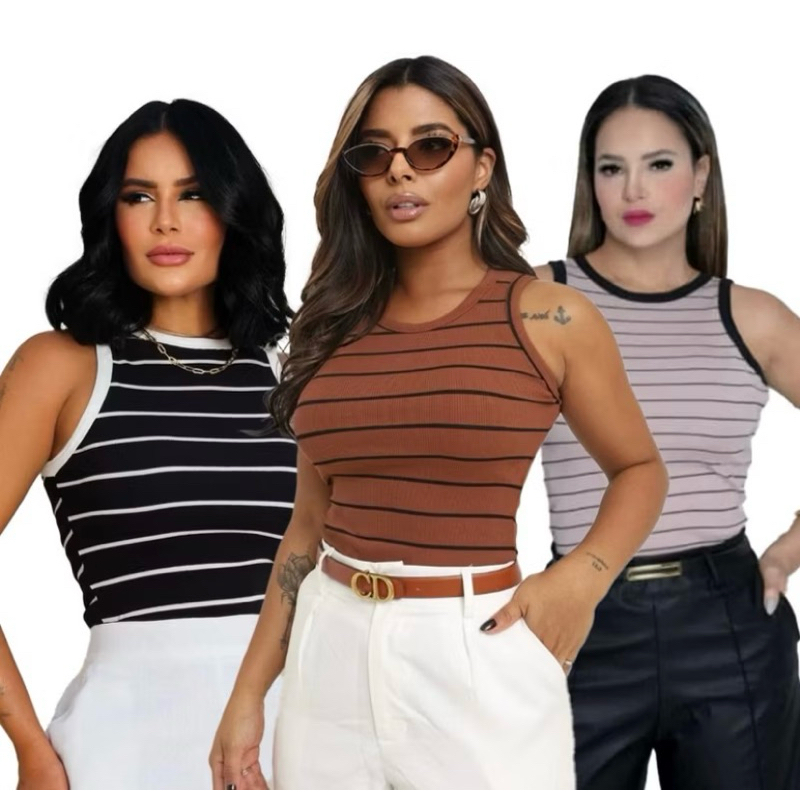 Regata Canelada Listrada moda e Lisa Ribana Camiseta Básica Blusa Dia a Dia Moda Gringa Regata Casual
