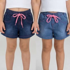 KIT COM 2 SHORTE FEMININO INFANTIL JEANS COM CADARÇO REGULADOR TAM:01 AO 08