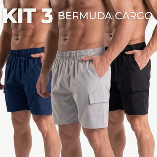 KIT 3 BERMUDA CARGO TACTEL COM ELASTANO MASCULINA