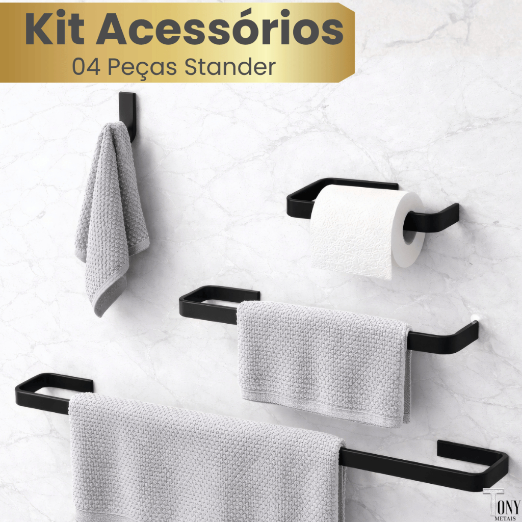 Kit Acessórios Para Banheiro Stander Quadrado Preto 04 Peças Metal Papeleira Porta Toalhas e Cabide