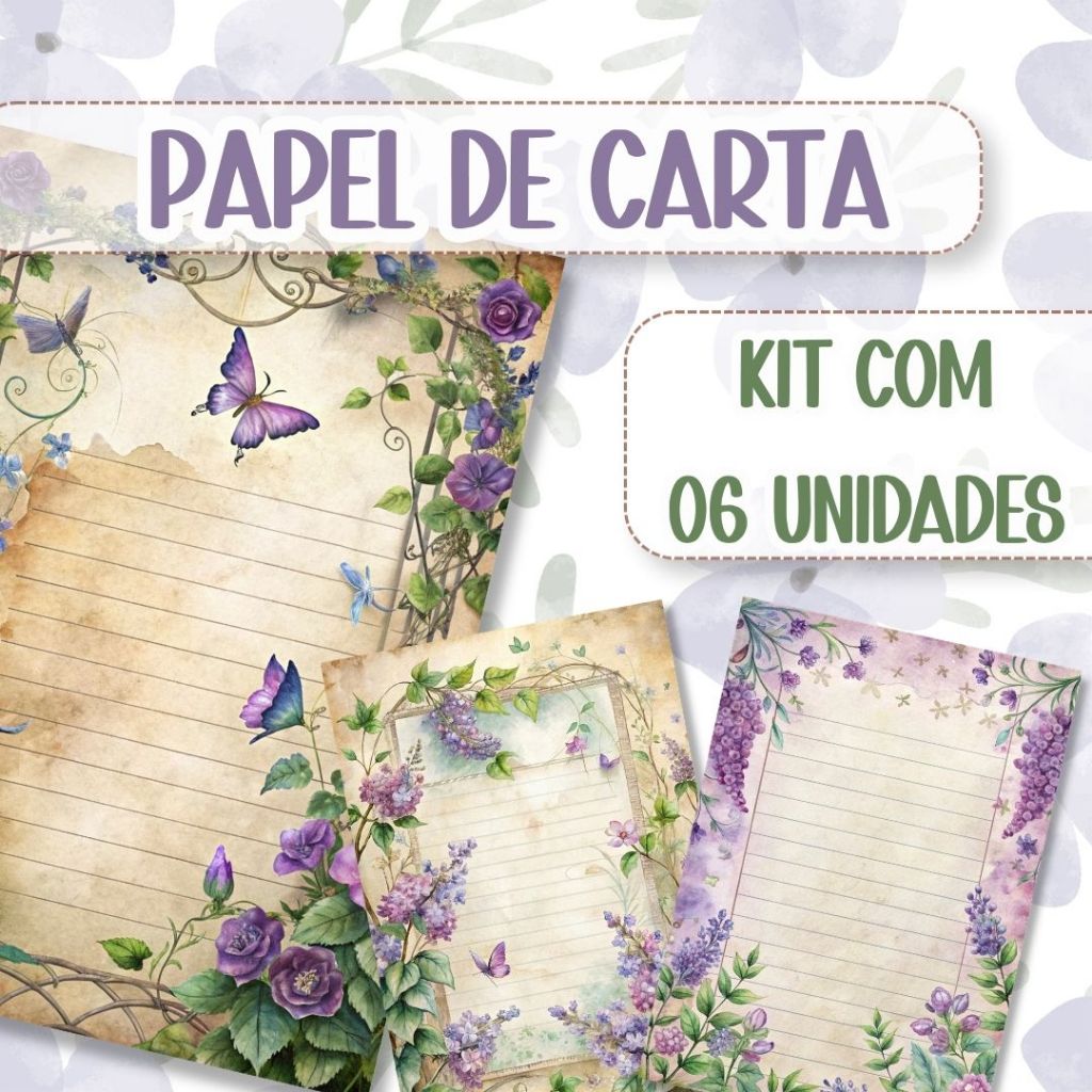 Papel de Carta Lilac Dreams Floral Lilás Vintage Fofo 14x20cm Kit 6 Unidades Papel Decorado Cartinhas Scrapbook