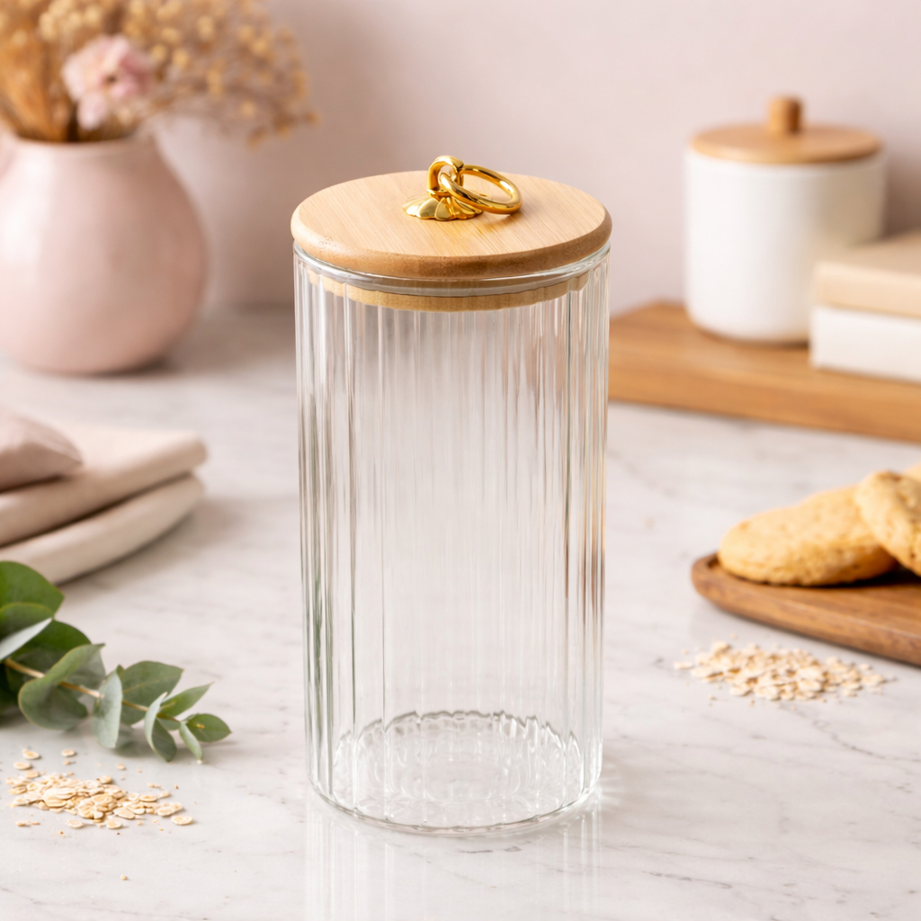 Porta Mantimentos Vidro Canelado 1050ml Hermético Tampa Bambu transparente organização