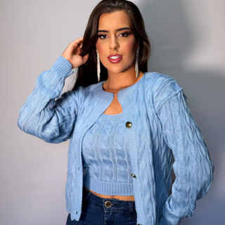 Conjunto Casaco Feminino de Tricô Cardigan de Frio com Botões e Tranças e Regata Tricot em Oferta na Shopee