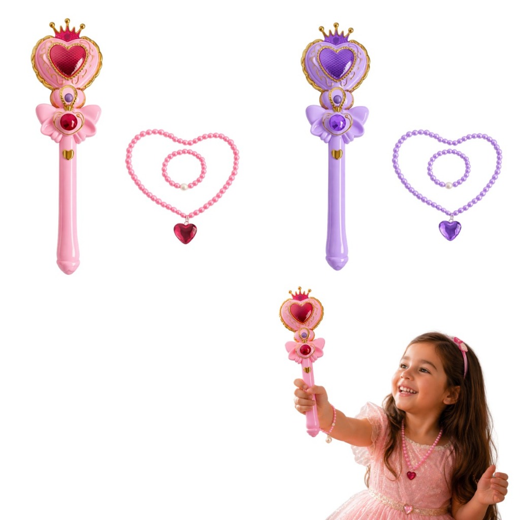 Varinha Mágica de Princesa com Luz e Música + Colar e Pulseira Infantil | Rosa ou Lilás