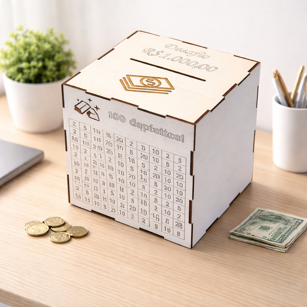 Cofrinho de Dinheiro Caixa Cofre Mdf Desafio 1000 5000 10000 20000 Economia Poupança