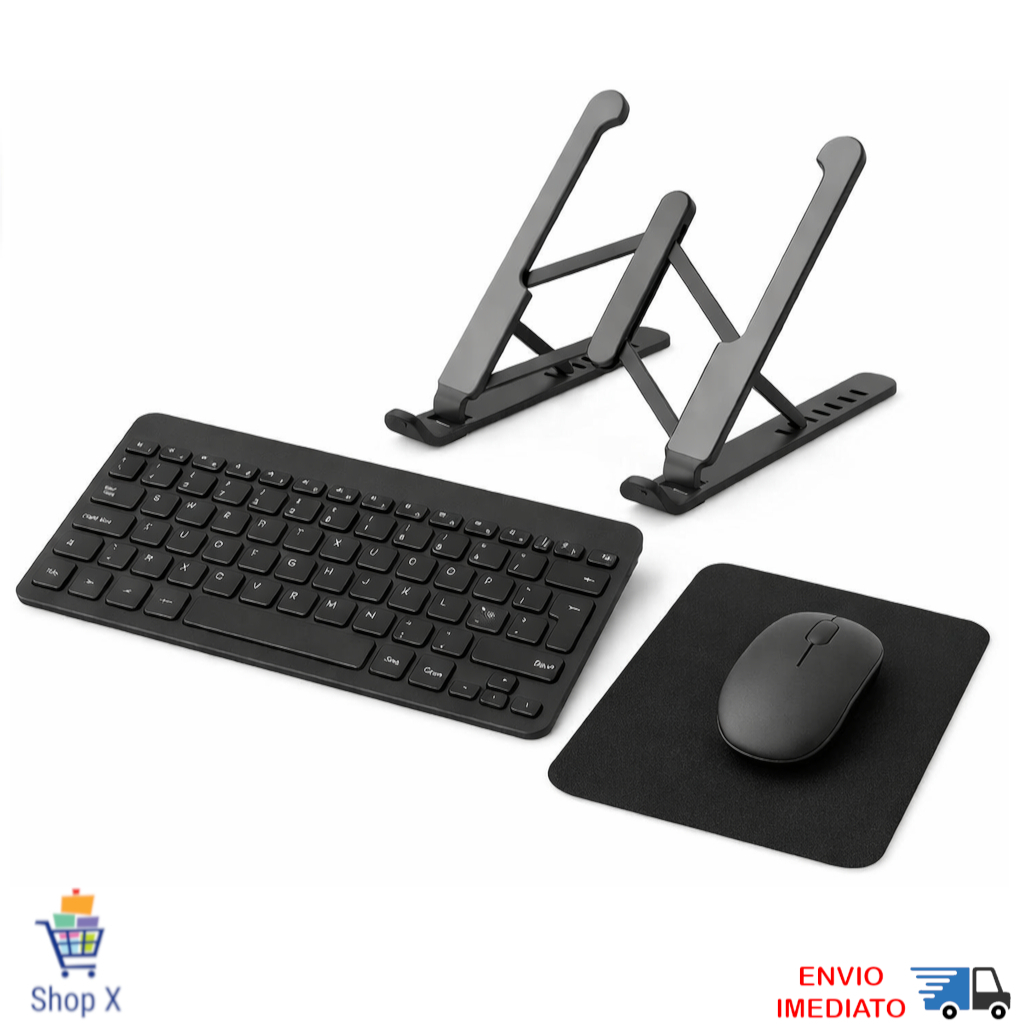 Kit Suporte de Notebook + Teclado sem Fio + Mouse Sem Fio + Mousepad Home Office Ergonômico Silencioso