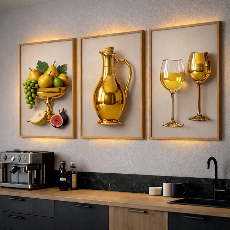 Quadros Decorativo Trio para Cozinha Cantinho Frutas Jarra Vinho Dourado e Branco