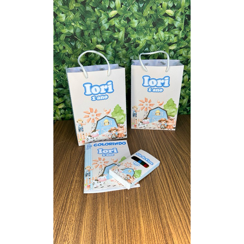 Kit Colorir Infantil Personalizado com Sacola e Giz | Lembrancinha Festa Criança Tema Fazendinha Aquarela