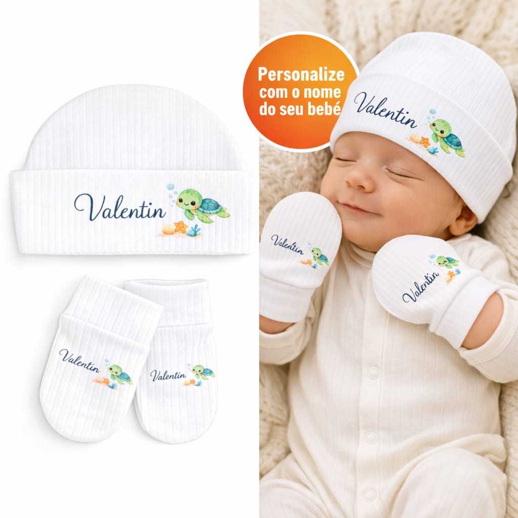 Kit Touca + Luva Infantil Personalizado com Nome | Kit Bebe | Presente Recém-nascido