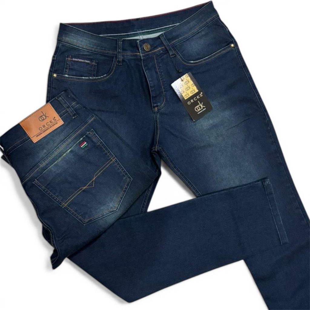 Calça masculina jeans escuro com elastano confortável lavagem tingida modelagem premium slim