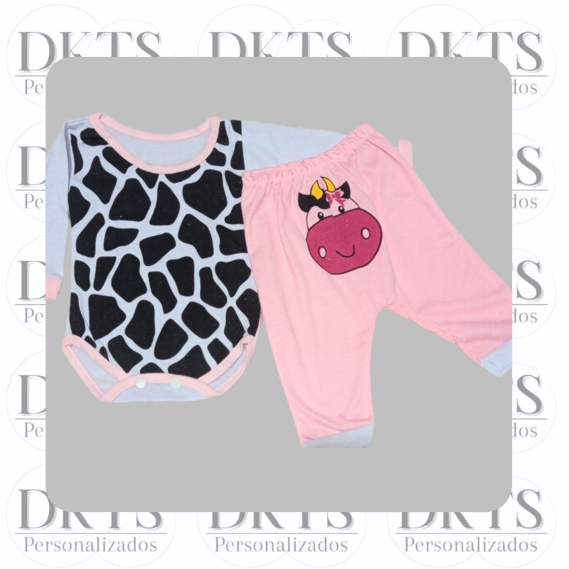 Conjunto Bebê Menina Body Manga Longa Estampado + Calça Mijão Personagens Algodão Confortável