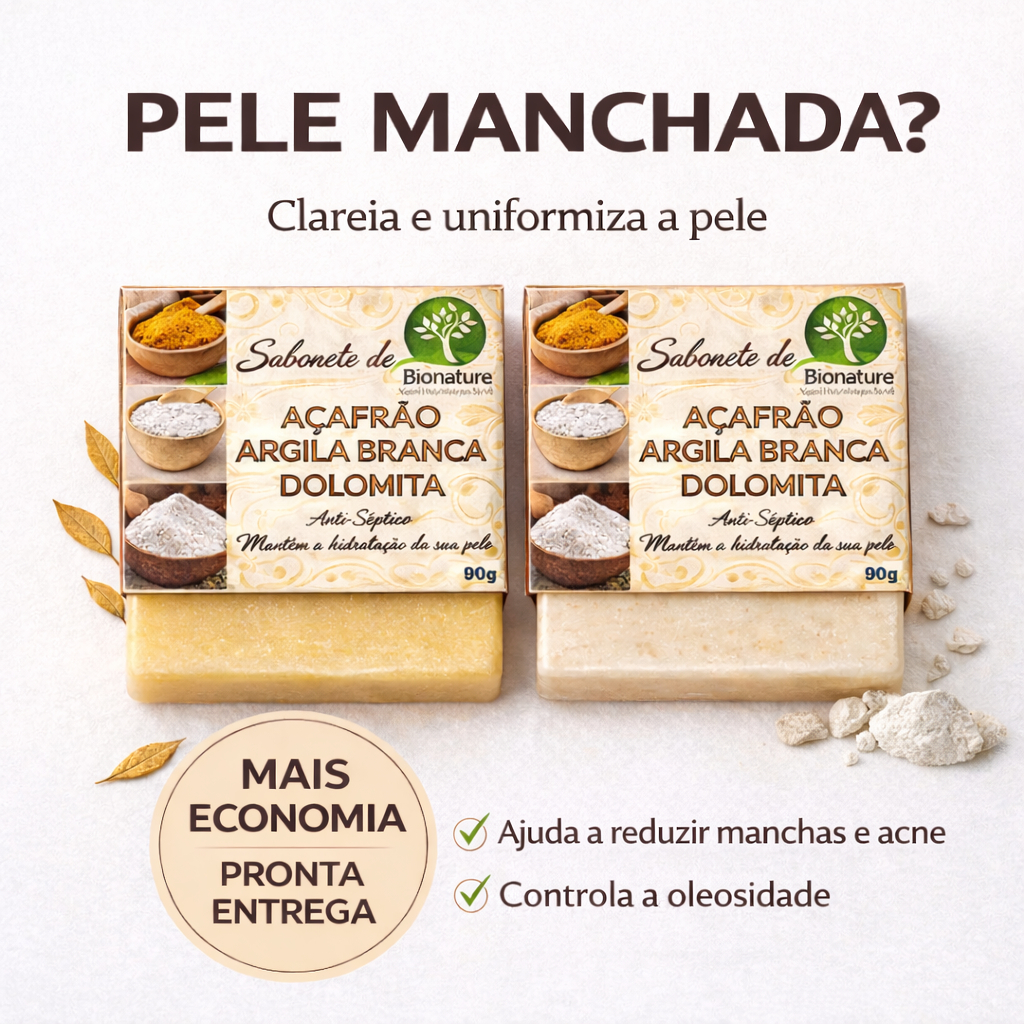 Kit 2 Sabonetes Naturais Açafrão Argila Branca e Dolomita Clareador Antiacne Foliculite Depilatorio
