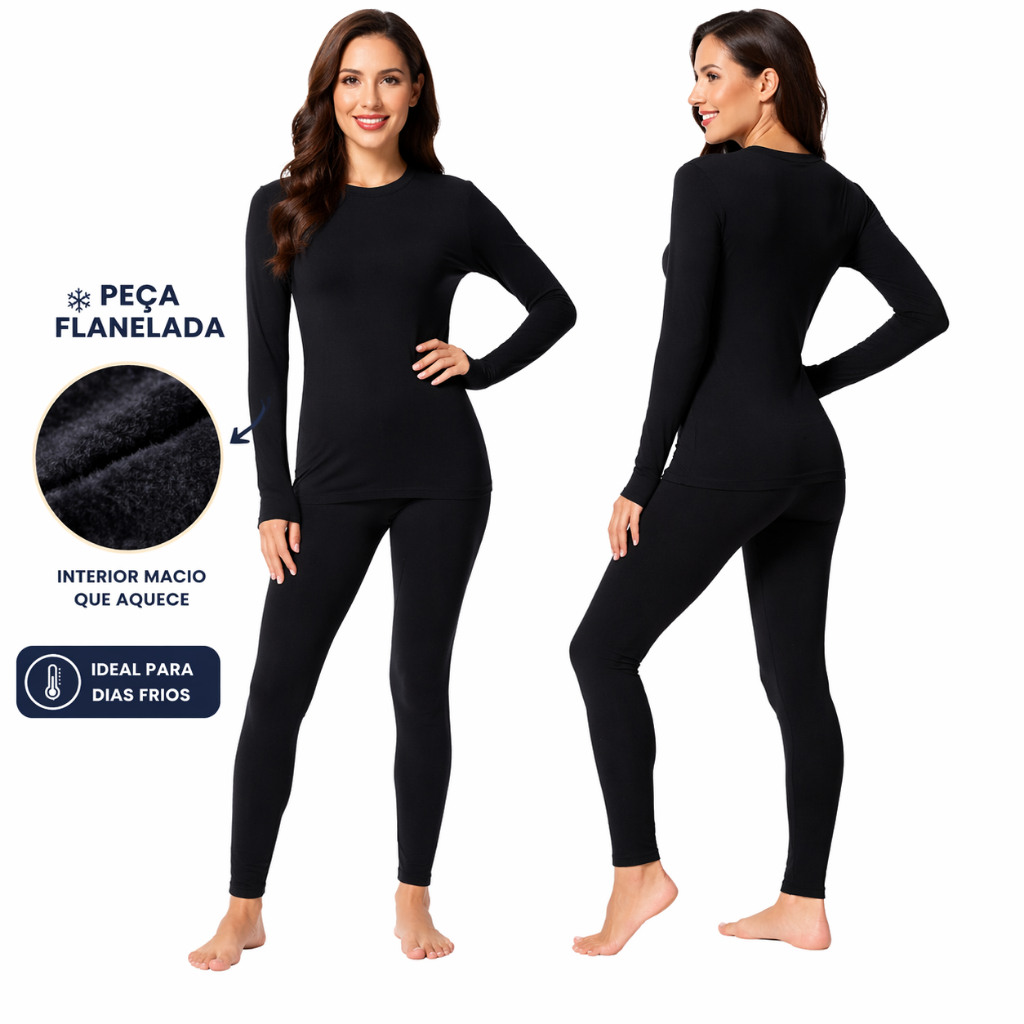 Kit Calça e Camisa Peluciada Térmica Segunda Pele Feminina Tecido Flanelado Ideal Para Inverno