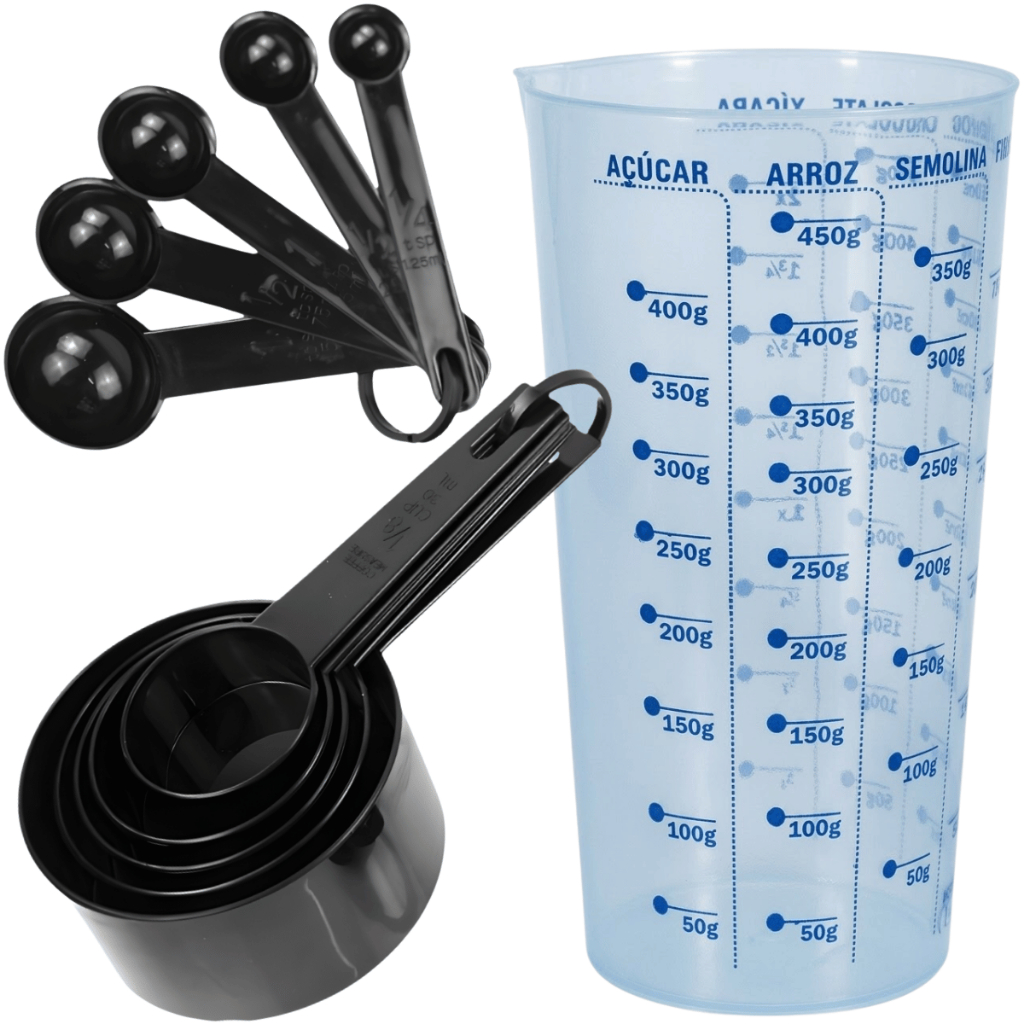 Jogo Xícaras Colheres Copo Medidores Profissional Receitas Plástico Preparo Medidas Liquido Grãos