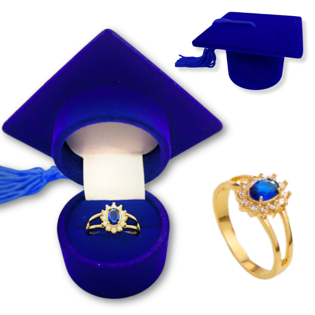 Anel de Formatura Feminino Banhado a Ouro 18k Pedra Azul Pedagogia Administração Engenharia Gestão de RH Humanas
