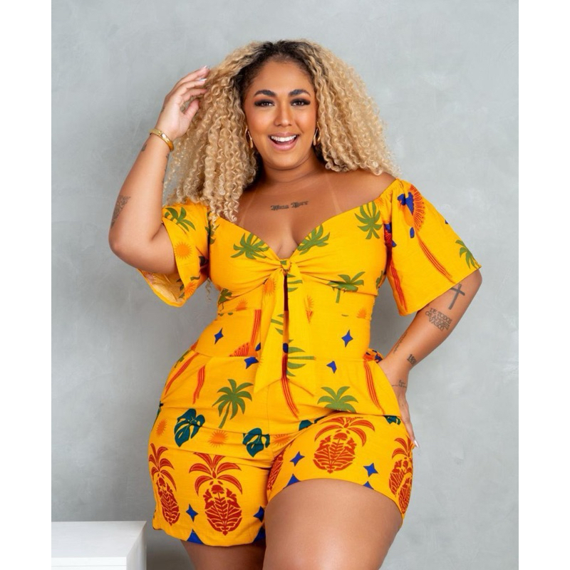 Macaquinho Ciganinha  Multi Formas de uso Viscolinho Estampado Plus Size Curvy