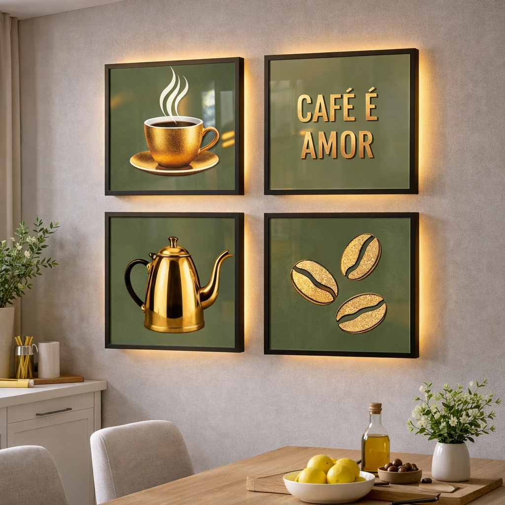 Quadros Decorativos para Cozinha Elegante Verde Café Grãos Cantinho 4 Peças