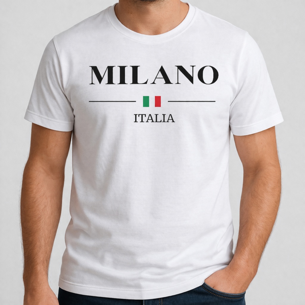 Camiseta Milano Itália Masculina Estampada Minimalista Algodão Premium Preta Branca Bege Marrom