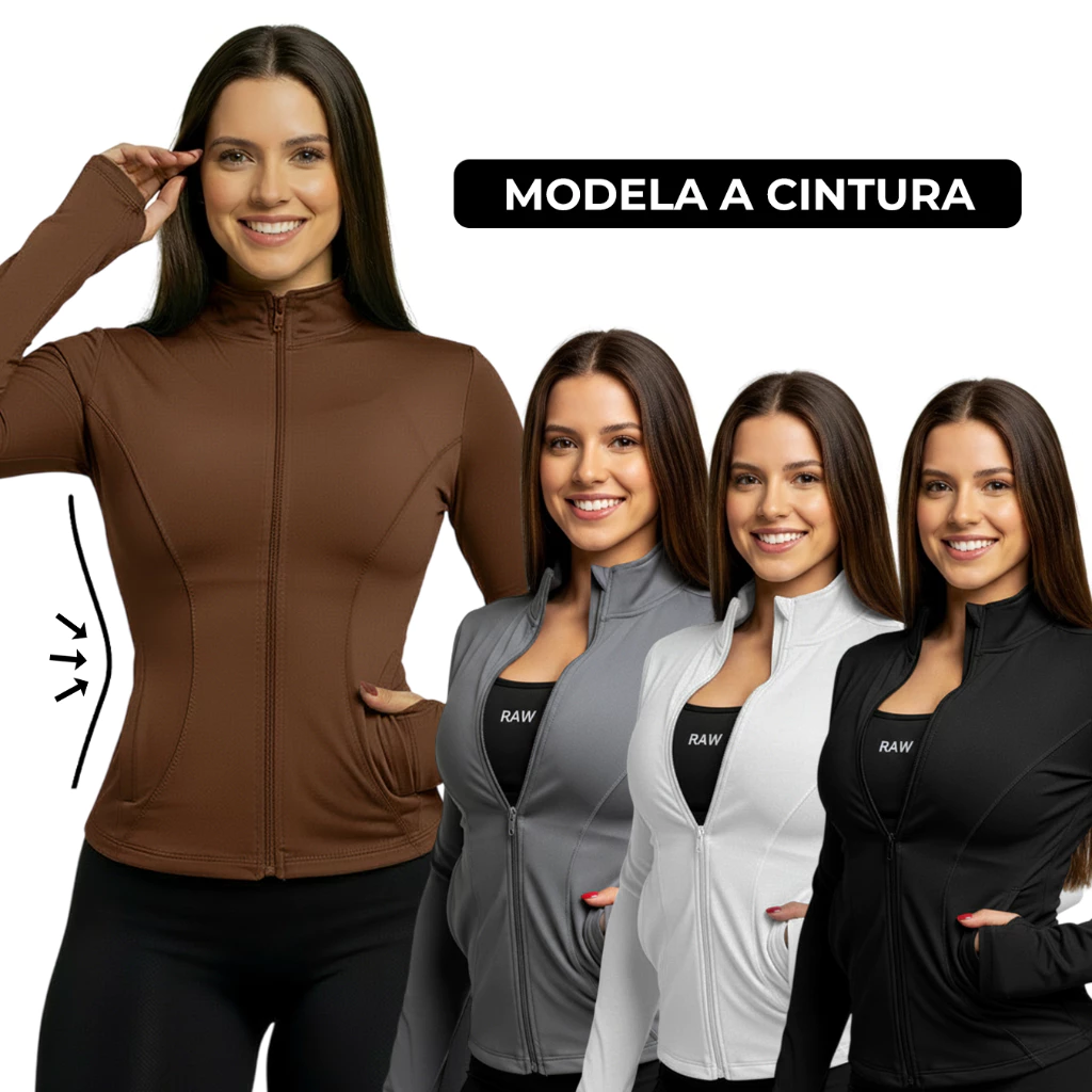 Jaqueta Academia Feminina Fitness Zíper e bolso Estilo Gringa Yoga Furo Dedo — imagem 1