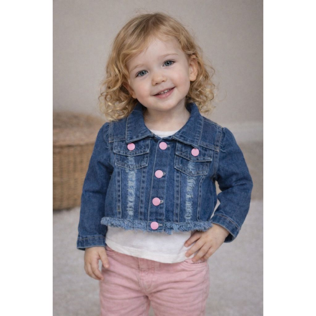 Jaqueta Jeans Molinho Rasgadinha para Bebes Menina com Botão Rosa 01 a 03 anos