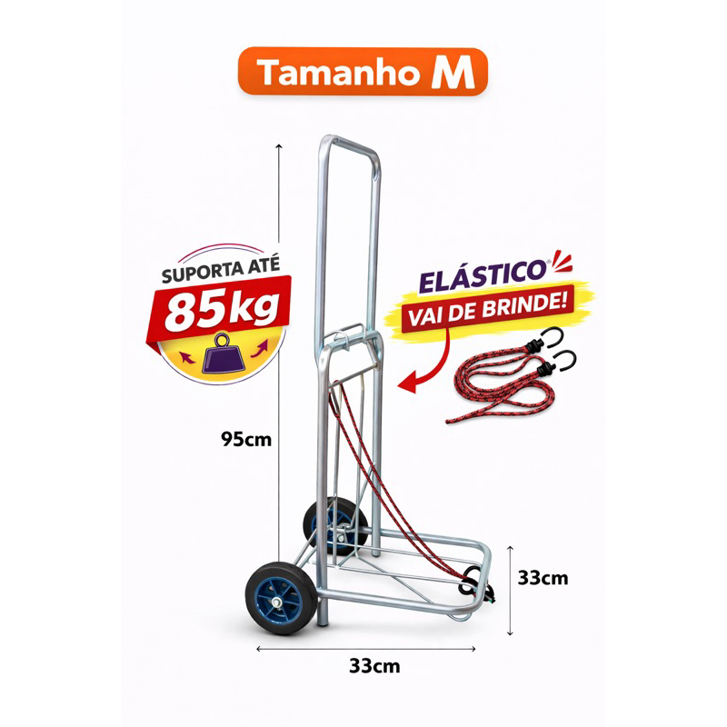 Carrinho de Mão Dobrável M Reforçado até 85kg Compacto e Portátil